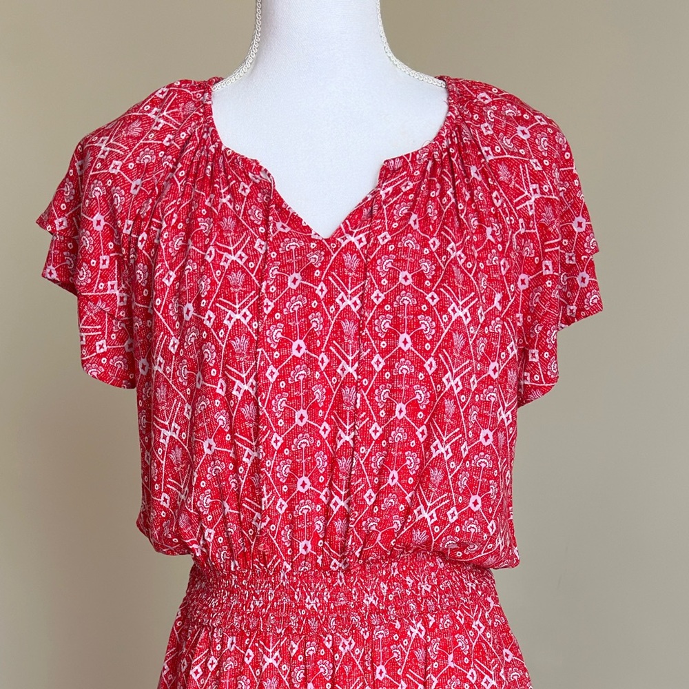 Destination 365 Maxi Dress Red White Print Flutter Sleeve Boho‎ Sz SP - Picture 6 of 10